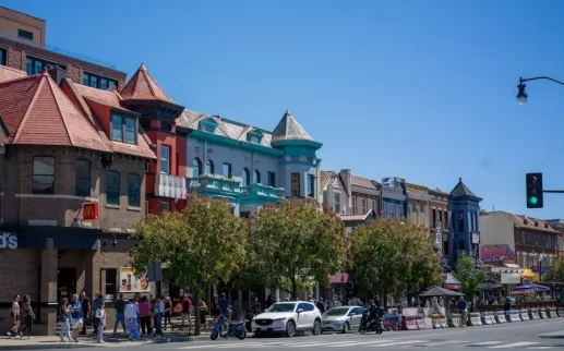 A view of the buildings on Adams Morgan's main street in DC.
