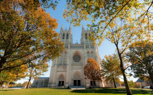 Washington National Cathedral framed by trees with fall colors.
