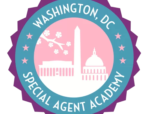 A stylized logo featuring Washington, D.C. landmarks such as the Washington Monument, the U.S. Capitol, and the Lincoln Memorial with cherry blossoms in the foreground, encircled by the text "Washington, DC Special Agent Academy."